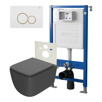 Сет: Система инсталляции Point Элемент для подвесного унитаза PN45120 + Клавиша смыва для инсталляции Point Виктория, белая/золото, PN44061WG + Унитаз подвесной Point Меркурий безободковый, сид.дюропласт микролифт быстросъем, графит, PN41831GM