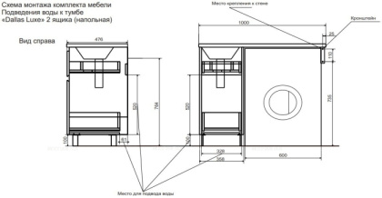 Комплект мебели Dallas Luxe 1000х482 правосторонний напольный 2 ящика (ШхГхВ) 358х476х860