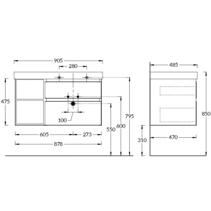 Тумба CUBO правая подвесная с ящиками 90, белая матовая-древесная