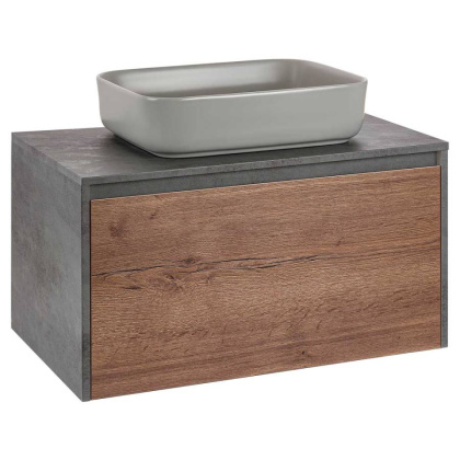 База под накладную раковину Mesa 800 подвесная, 1 выкатной/1 скрытый ящик soft close, T.Oak + Beton