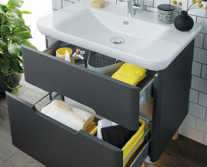 Шкаф  Sento с раковиной, с 2 ящиками, 80 см, с LED подсветкой, цвет матовый антрацит ( ножки 61069 заказываются отдельно )