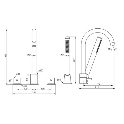 360400300 Scandinavian Pure смеситель на борт ванны, четырёхсекционный, черный матовый