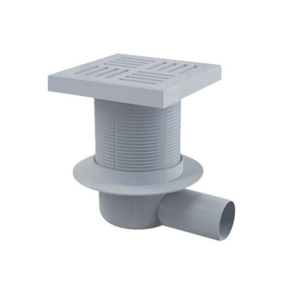 Сливной трап 150×150/50 мм боковой сток, решетка серая, гидрозатвор мокрый Сливной трап 150×150/50 мм боковой сток, решетка серая, гидрозатвор мокрый