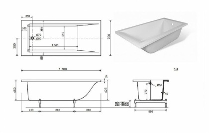 Ванна из искусственного мрамора Эстет Дельта 170x70                             