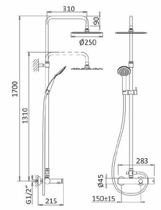 CZR-B-CVD-SR Душевая стойка со смесителем для ванны, верхним и ручным душем, верхний душ из нержавеющей стали диаметр 250 мм, исполнение золото матовое CZR-B-CVD-SR Душевая стойка со смесителем для ванны, верхним и ручным душем, верхний душ из нержавеющей стали диаметр 250 мм, исполнение золото матовое