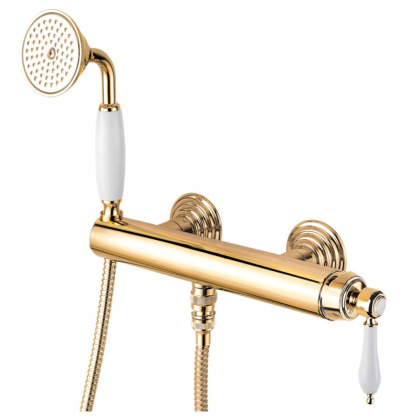 APHRODITE-DM-03/24-Bi Смеситель для душа однорычажный с ручным душем Исполнение: Золото 24 карат, Ручки: Белый  APHRODITE-DM-03/24-Bi Смеситель для душа однорычажный с ручным душем Исполнение: Золото 24 карат, Ручки: Белый