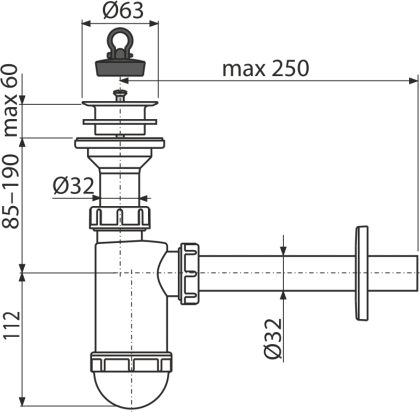 Сифон для умывальника DN32 с пластмассовой peшeткой DN63 Сифон для умывальника DN32 с пластмассовой peшeткой DN63