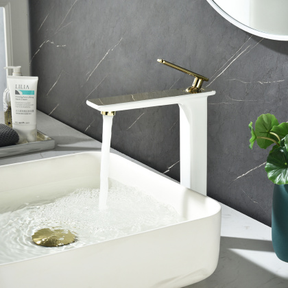 Смеситель для раковины, высокий, монолитный, высота излива 24,5 см, длина 16 см, с донным клапаном, белый/золото