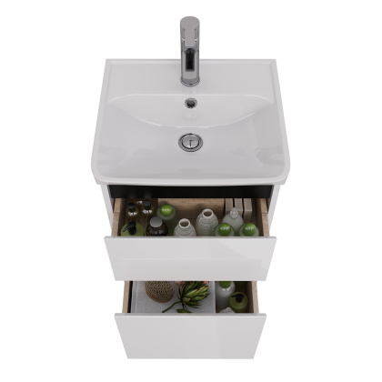 Тумба Lemark COMBI 45см под 1 раковину, подвесная/напольная, 2 ящика, цвет планки: Чёрный, цвет корпуса, фасада: Белый глянец