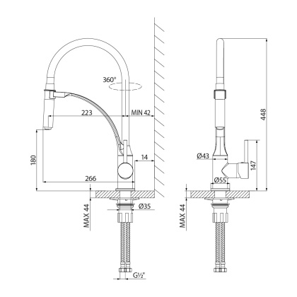 Смеситель для кухни с гибким изливом, высота излива 18 см, длина 22 см, черный