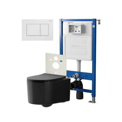 Сет: Система инсталляции Point Элемент для подвесного унитаза PN45120 + Клавиша смыва для инсталляции Point Ника, белая, PN44081W + Унитаз подвесной Point Веста безободковый, чёрн мат, PN41701BM