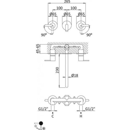 LEAF-BLI3L-L-PS Смеситель для раковины встраиваемый на три отверстия, исполнение Sunset PVD