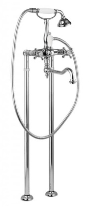 GOLF-VDP2-01-Bi Напольный смеситель для ванны с ручным душем и поворотным изливом Исполнение: Хром, Ручки: Белые  GOLF-VDP2-01-Bi Напольный смеситель для ванны с ручным душем и поворотным изливом Исполнение: Хром, Ручки: Белые