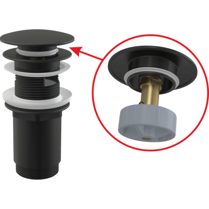 Донный клапан сифона для умывальника CLICK/CLACK 5/4", цельнометаллический с переливом и большой черной заглушкой Донный клапан сифона для умывальника CLICK/CLACK 5/4", цельнометаллический с переливом и большой черной заглушкой
