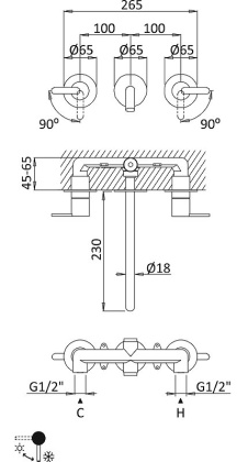 LEAF-BLI3L-SS Смеситель для раковины встраиваемый на три отверстия, исполнение sunset