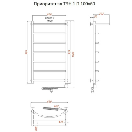 Полотенцесушитель Приоритет эл ТЭН 1 П 100*60 (ЛЦ2)