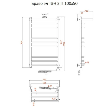 Полотенцесушитель Браво эл ТЭН 3 П 100*50 (ЛЦ4)