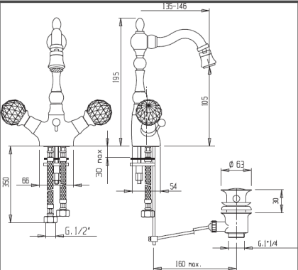 ATLANTIS-BS2-01-055 Смеситель на биде с донным клапаном, ручки мрамор 055