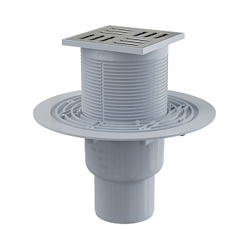 Сливной трап 105×105/50/75 мм прямой сток, решетка из нержавеющей стали, гидрозатвор мокрый