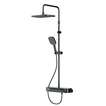 F078F222 Func, душ. система: Смеситель-полка д/душа с ТМС: душ.штанга, верхн. душ квадр., ручн.душ, черн