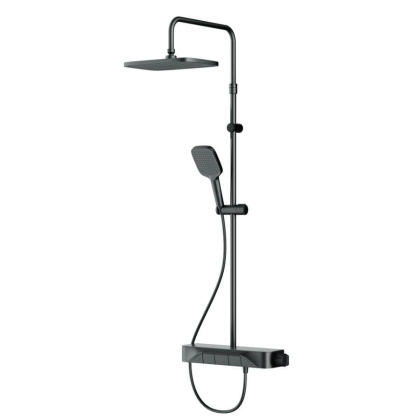F078F222 Func, душ. система: Смеситель-полка д/душа с ТМС: душ.штанга, верхн. душ квадр., ручн.душ, черн