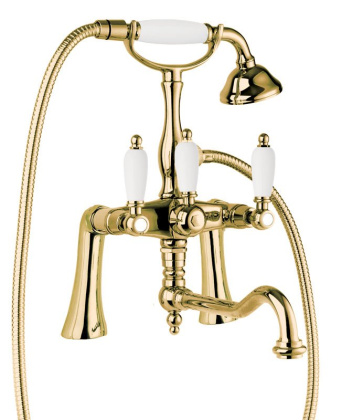 FIRST-PBV2-03/24-M Смеситель на борт ванны с ручным душем и повортным изливом золото, ручки белые