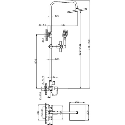 Смеситель термостатический Rossinka RS50-45 для душа с регулируемой высотой штанги и лейкой "Тропический дождь"