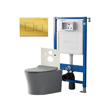 Сет: Система инсталляции Point Элемент для подвесного унитаза PN45120 + Клавиша смыва для инсталляции Point Афина, золото, PN44041G + Унитаз подвесной Point Вега безободковый, сер мат, PN41711GM