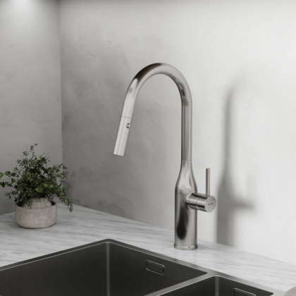 Смеситель для кухни SANCOS Grand с вытяжным изливом, цвет нержавеющая сталь, арт. SC4002BNG