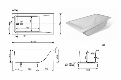 Ванна из искусственного мрамора Эстет Дельта 150x75                                     