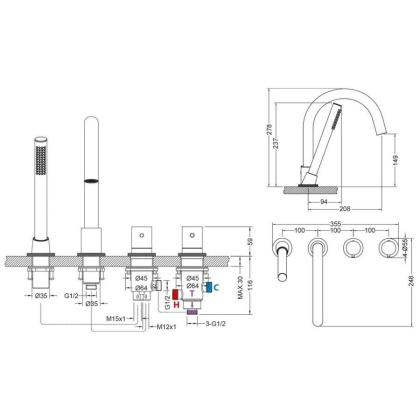 Смеситель для ванны с душем, врезной с термостатом Timo Saona 2330/18Y черное золото