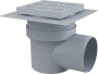 Сливной трап 150×150/110 мм боковой сток, решетка серая, воротник изоляции 2–го уровня, гидрозатвор мокрый 