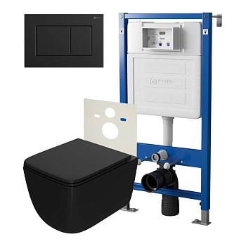 Сет: Система инсталляции Point Элемент для подвесного унитаза PN45120 + Клавиша смыва для инсталляции Point Ника, черная матовая, PN44081BM + Унитаз подвесной Point Меркурий безободковый сид.дюропласт микролифт быстросъем чёрн мат. PN41831BM