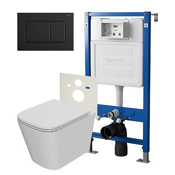 Сет: Система инсталляции Point Элемент для подвесного унитаза PN45120 + Клавиша смыва для инсталляции Point Ника, черная матовая, PN44081BM + Унитаз подвесной Point Ника безободковый, сиденье микролифт PN41081