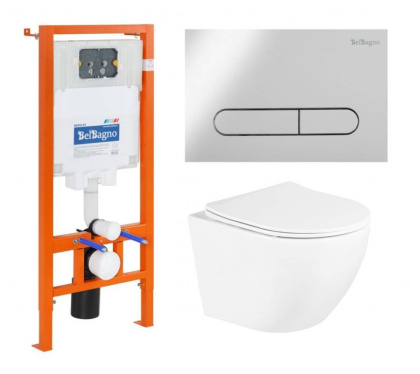 Комплект 3 в 1 Унитаз подвесной с сиденьем BelBagno UNO BB3105CHR/SC + Система инсталляции для унитазов BelBagno BB002-80  с кнопкой смыва BB014-SR-BI