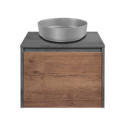 База под накладную раковину Mesa 600 подвесная, 1 выкатной/1 скрытый ящик soft close, T.Oak + Beton