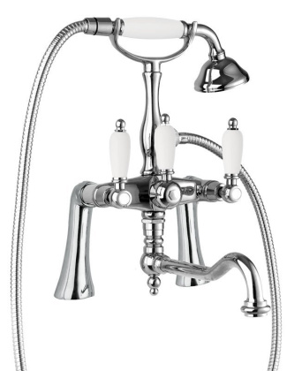 FIRST-PBV2-03/24-M Смеситель на борт ванны с ручным душем и повортным изливом золото, ручки белые