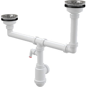 Сифон для сдвоенной мойки с нержавеющими решетками DN115 двухуровневый и штуцером Сифон для сдвоенной мойки с нержавеющими решетками DN115 двухуровневый и штуцером
