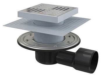 Сливной трап 150×150/50/75 мм боковой сток, решетка из нержавеющей стали, фланец из нержавеющей стали, воротник изоляции 2–го уровня, гидрозатвор сухой и мокрый