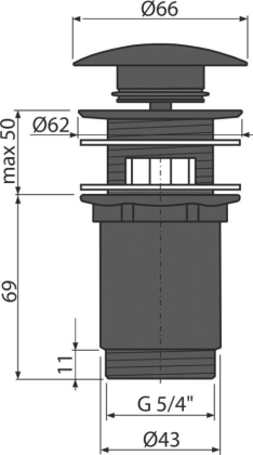 Донный клапан сифона для умывальника CLICK/CLACK 5/4", цельнометаллический с переливом и большой черной заглушкой Донный клапан сифона для умывальника CLICK/CLACK 5/4", цельнометаллический с переливом и большой черной заглушкой