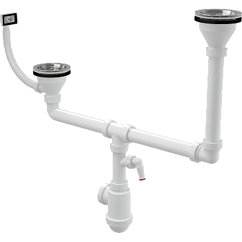 Сифон для сдвоенной мойки c решетками из нержавеющей стали DN115 с переполнением двухуровневый и штуцером Сифон для сдвоенной мойки c решетками из нержавеющей стали DN115 с переполнением двухуровневый и штуцером