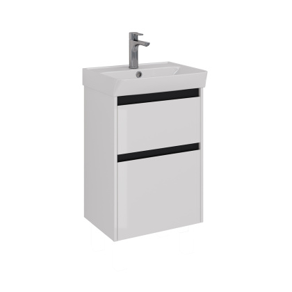 Тумба Lemark COMBI 50см под 1 раковину, подвесная/напольная, 2 ящика, цвет планки: Чёрный, цвет корпуса, фасада: Белый глянец