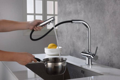 Смеситель Timo Saona 2356/00FL для кухни с подключением фильтра и выдвижной лейкой, хром