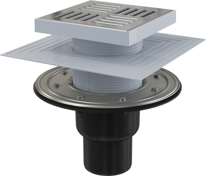 Сливной трап 150×150/50/75 мм прямой сток, решетка из нержавеющей стали, фланец из нержавеющей стали, воротник изоляции 2–го уровня, гидрозатвор сухой и мокрый