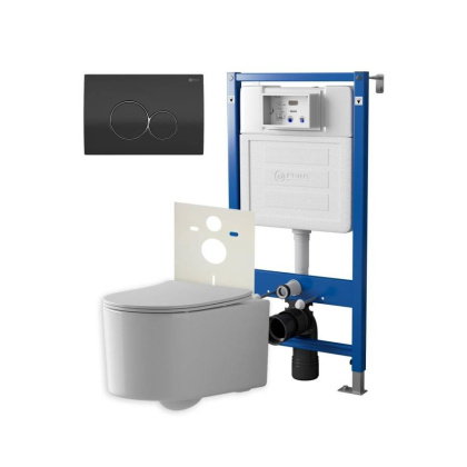 Сет: Система инсталляции Point Элемент для подвесного унитаза PN45120 + Клавиша смыва для инсталляции Point Виктория, черная/хром, PN44061BC + Унитаз подвесной Point Веста безободковый, белый, сиденье дюропласт, микролифт, быстросъем. PN41701