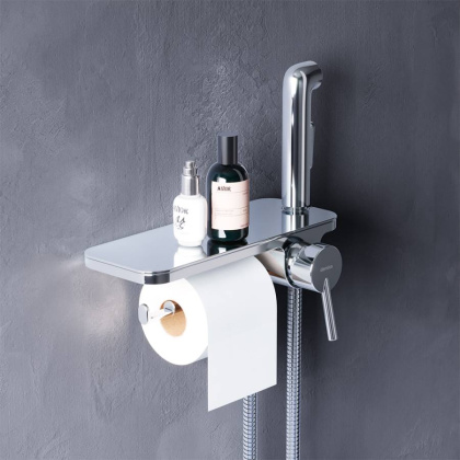 773500001 Jupiter, Смеситель монтируемый в стену с гиг. душем и полкой, Хром