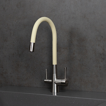 Смеситель для кухни с гибким изливом, с подключением к фильтру питьевой воды, латунь/никель/бежевый