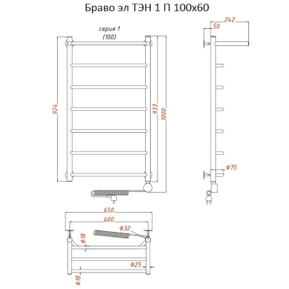 Полотенцесушитель Браво эл ТЭН 1 П 100*60 (ЛЦ4)