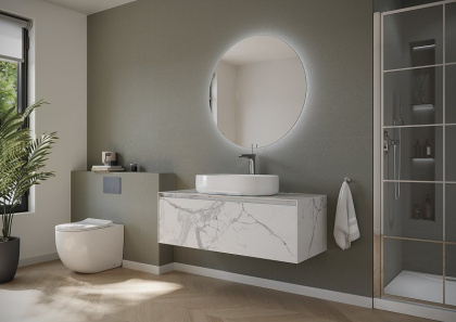 Тумба подвесная SANCOS Stone из керамогранита с одним выдвижным ящиком и столешницей из керамогранита 1200х400х495, керамогранит Statuario white, арт. ST120SV