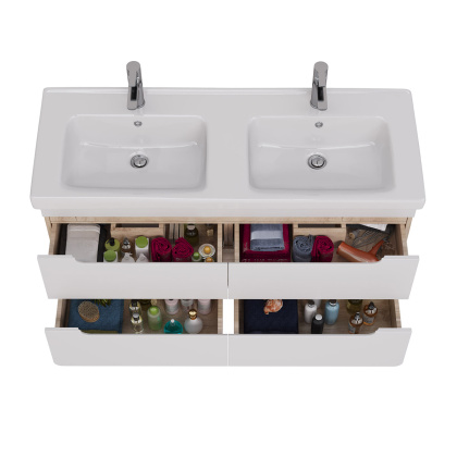 Тумба Lemark OLIVIA 125см под 2 раковины, подвесная,4 ящика, цвет корпуса: Дуб кантри, цвет фасада: Белый глянец